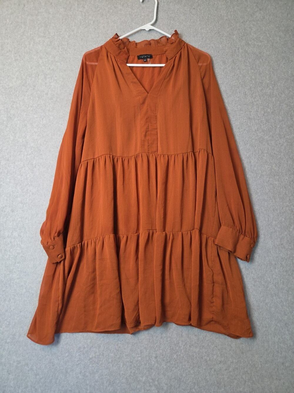 1.STATE Burnt Orange LS V Neck Tiered Boho Airy Babydoll Mini Dress Women's XL